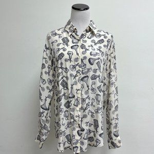 Two + Two black white silk perfume bottle atomizer print long sleeve shirt M